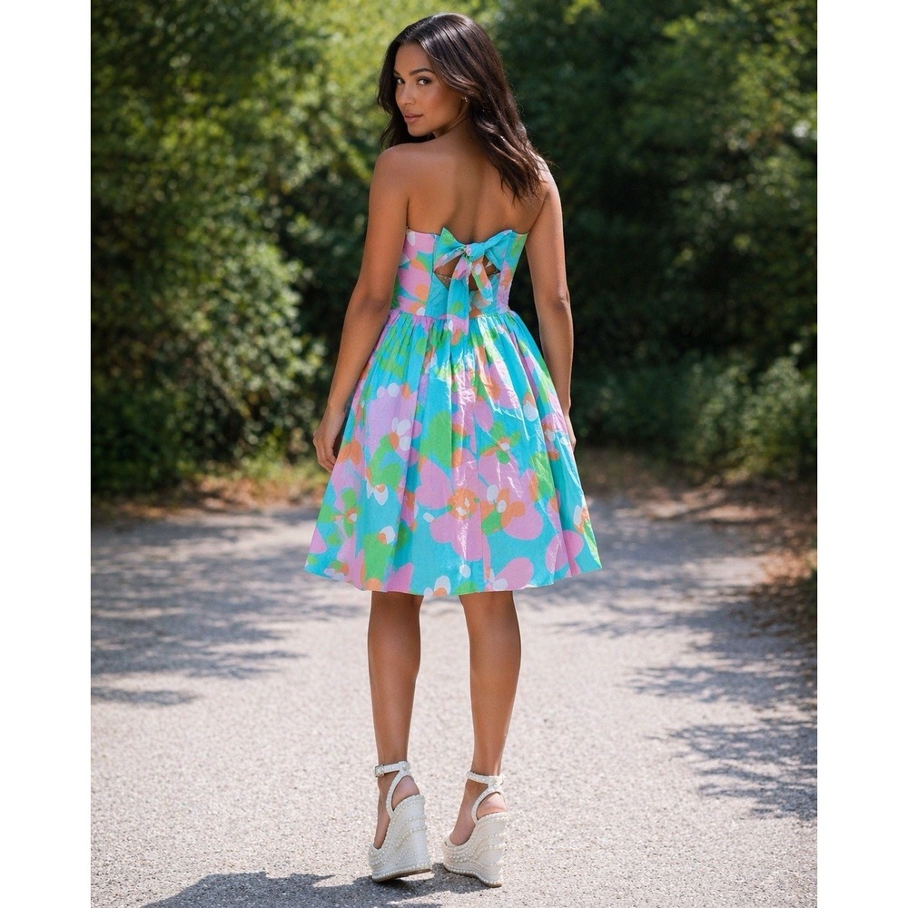 Lilly Pulitzer Y2K Floral Strapless Dress Sz4 Bow Back Fit Flare Preppy Cottage - Picture 5 of 10